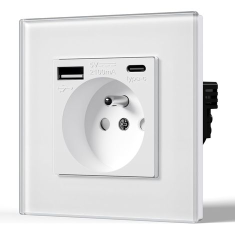 Presa a muro con USB e Type-C, presa di corrente in vetro con USB, uscita 2.1A, corrente 16 Amp, 240V, 86mm, bianca (1/5)