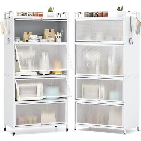 COSTWAY Armoire de cuisine haute à 5 étages, étagère de cuisine à roulettes, support pour micro-ondes avec 4 portes rabattables et 4 crochets, étagère métallique sur pied, armoire haute pour cuisine, (1/5)