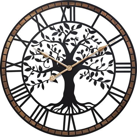 Horloge murale moderne de 40 cm — Design en métal noir en forme d'arbre avec chiffres romains et cadre en bois convient aux salons, chambres et bureaux horloge murale vintage silencieuse (1/5)