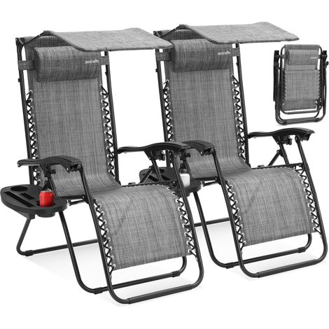Set de 2 Chaises Pliantes - Chaise Longue Réglable pour Extérieur avec Table Latérale, Visière Pare-Soleil, Porte-Gobelets, Oreillers Amovibles - Patio, Jardin, Plage - Gris (1/5)
