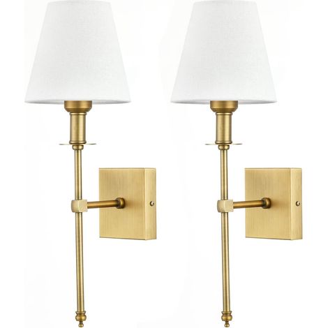 Pack Appliques Murales avec Abat-jour en Tissu Blanc, Lampe Murale Interieur Salle de Bain Métal Or, Classique Luminaire Applique pour Chambre Salon Couloir, Douille d'Ampoule E27 (1/5)
