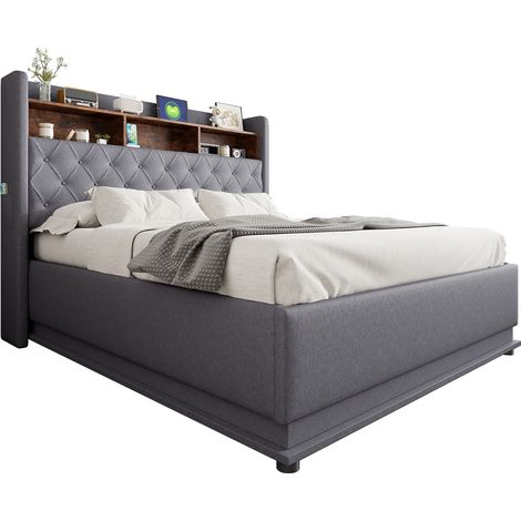 Lit Coffre Double avec LED Multicolores, USB et Rangement Tête de Lit, 160 x 200 cm, sans Matelas, Gris (1/5)