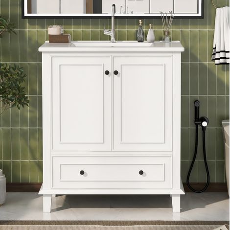 Mobile lavabo 76x46x87 cm in MDF bianco con lavabo in ceramica e vano contenitore – MEUBLIV (1/5)