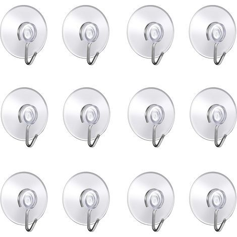 (Packung mit 12 Saugnäpfen) 4 x 4,4 x 1,4 cm, Wandhaken mit Saugnapf, kleine Saugnäpfe aus Kunststoff mit rundem Haken für Bad und Küche
