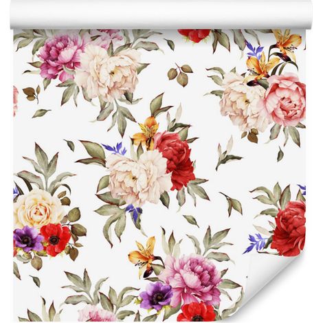 Papier peint pivoines colorées et aquarelle pour salon et chambre 50x1000 cm (1/5)