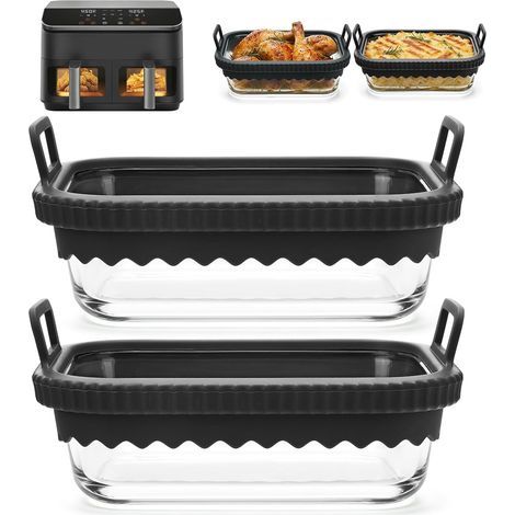 Set of 2 glass dishes, silicone handles, heat resistant, compatible with Ninja, Cosori, and Philips air fryer cooking (1/5)