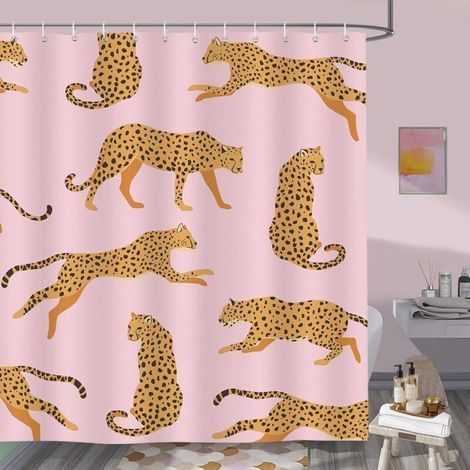 Rideau de Douche Léopard Rose Tropical Animal Rideau de Bain Tissu Polyester Anti Moisissure Imperméable Lavable Rideaux Salle de Bain 180 x 180 cm avec 12 Crochets