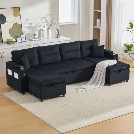 Canapé 4 places 272x136 cm avec double méridienne, couchage, rangements, porte-gobelets, USB-C, velours côtelé noir (1/5)