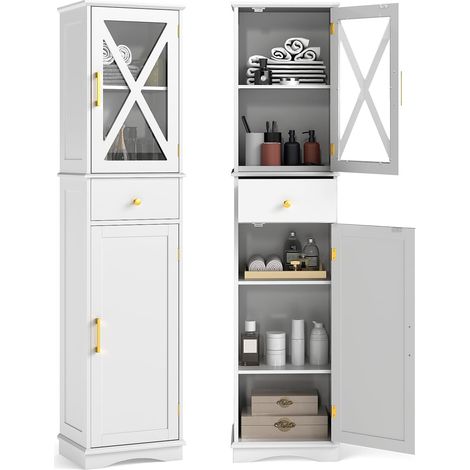 Goplus – Armoire murale de salle de bain étroite sur pieds – 3 niveaux d'étagères réglables – 2 portes en verre – Tiroir 30 kg – MDF et verre trempé blanc (1/5)