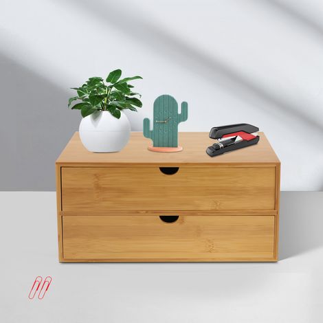 Cassettiera in bambù con 2 cassetti, Organizer da scrivania, Mini Bamboo Desk Drawer Tabletop Storage Box per ufficio, casa, articoli da toeletta, nessun montaggio richiesto