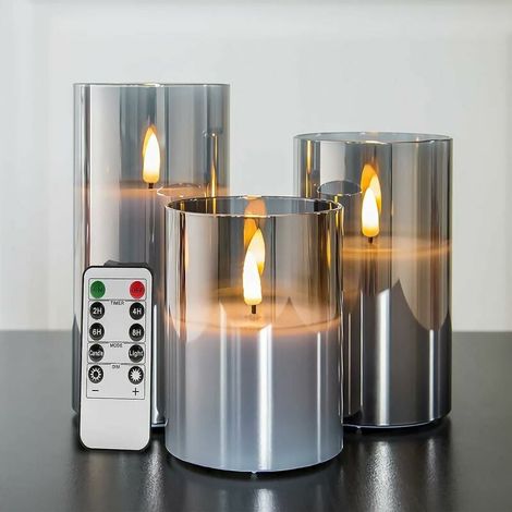 Velas parpadeantes de cristal gris plateado sin llama con control remoto, paquete de 3 velas LED artificiales realistas ∅ 3 H 4 5 6 (1/5)