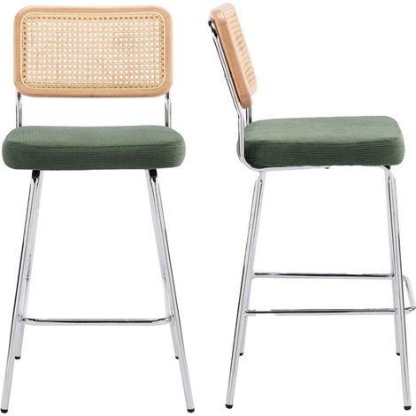 Lot de 2 chaises de bar en cannage et velours côtelé vert kaki, piètement chromé - Muse (1/5)