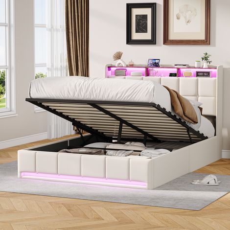 Cama individual 140x190cm – Cama con espacio de almacenamiento – Iluminación LED – Puerto USB – Cabecero tapizado – Base de láminas – Ropa de cama (1/5)