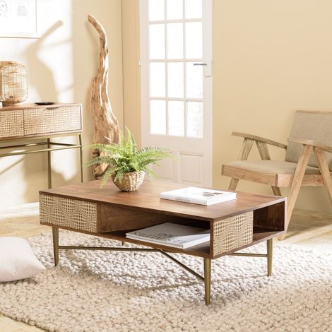 ALIX - Table basse rectangulaire en bois de manguier 2 niches (1/5)