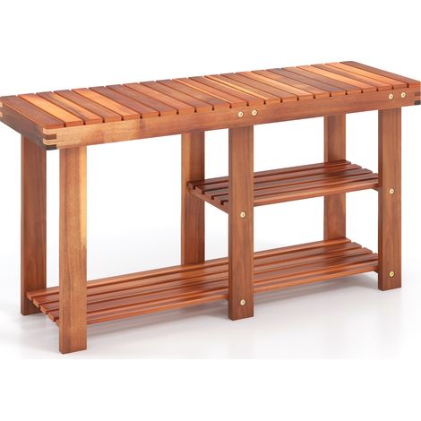 COSTWAY Acacia Wood Shoe Rack Bench 3-Tier Shoe Organizer 87x28x45cm-Teak Color (1/5)