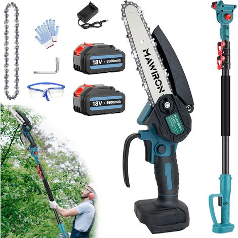 2 in 1 Cordless Pole Saw and Mini Chainsaw, Brushless Extendable Chainsaw with 2 Chains, 2 x 5.5A Battery + Charger, Compatible with Makita Battery