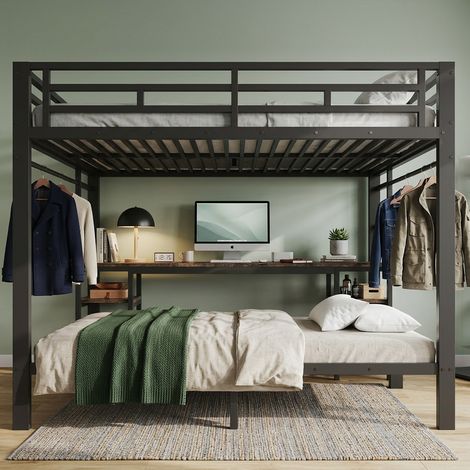 Lit superposé métal 3 places 90x200/140x200 cm, bureau intégré, penderie, double échelle, station de charge avec prises et USB, noir et bois foncé (1/5)