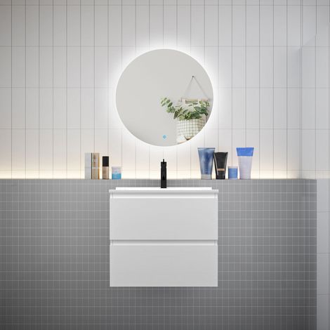 Meuble de salle de bain à 2 tiroirs avec lavabo et miroir rond multifonctionnel LED - blanc L.60cm suspendu