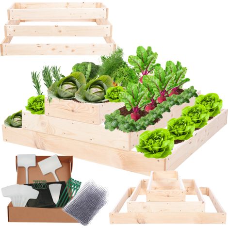 MODO24 ZP09 Carré potager surélevé en escalier modulable, bois de pin, herbes/légumes, jardin/terrasse/balcon, 27x117x90 cm, naturel