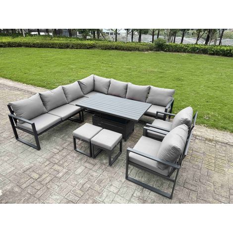 Fimous 10 Piece L-shaped Garden Furniture Set 11-Seater Aluminium Outdoor Dining Set with Adjustable Rising Lifting Dining Table 2 Chairs 2 Small Footstools Dark Grey (1/5)