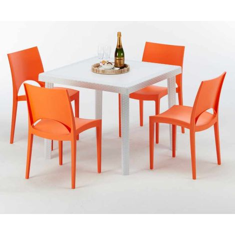 Weiß Quadratisch Tisch und 4 Stühle Farbiges Polypropylen-Außenmastenset Grand Soleil Paris Love - Orange