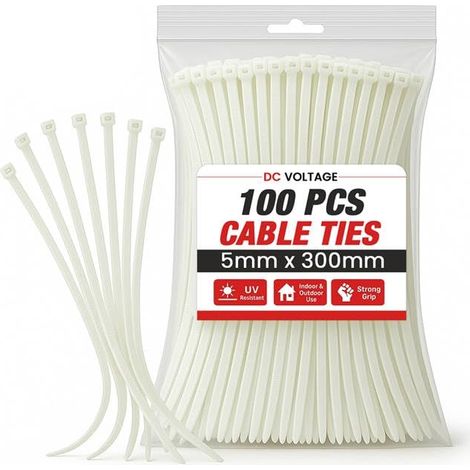Lot de 100 serre-câbles en nylon ultra résistants - 300 mm x 5 mm - 30,5 cm - Résistance à la traction - Résistants aux UV - Pour une utilisation en extérieur - Blanc (1/5)