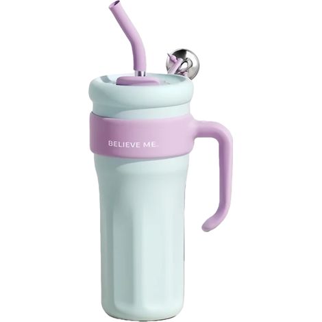 (Violet, 1250 ml) Thermos en acier inoxydable, isolé sous vide, avec paille et poignée. (1/5)