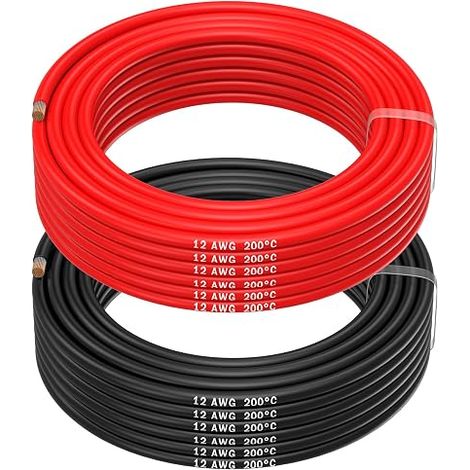 Fil Électrique 12 AWG - 12 Gauge (3,31mm²) Câble en Cuivre Étamé 2,5 m / 8,2 ft 2 Conducteur Parallèle Rouge