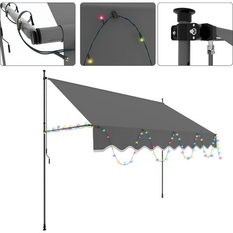 TolleTour Markise Klemmmarkise mit Handkurbel Sonnenschutz und UV-Schutz und wasserfestund höhenverstellbar Gelenkarm mit LED 250cm (1/5)