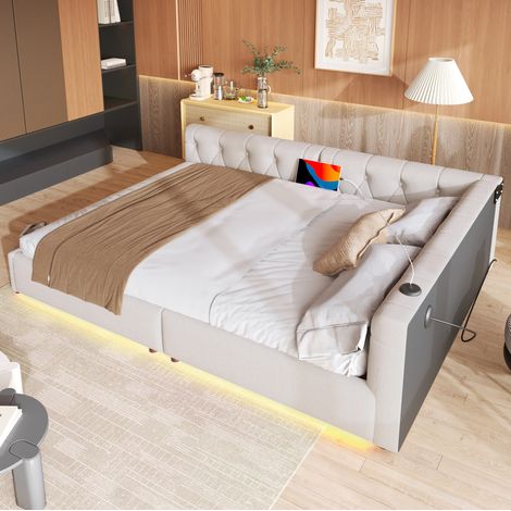 Letto Imbottito 140x200 cm con Rete a Doghe e Testiera Imbottita con Bottoni Beige (1/5)