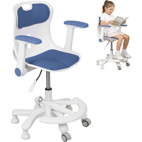 FLASIDU – Kinderschreibtischstuhl – Ergonomisches Design, verstellbare Armlehnen, Fußstütze, verstellbare Sitzhöhe, 360° drehbar, Blau