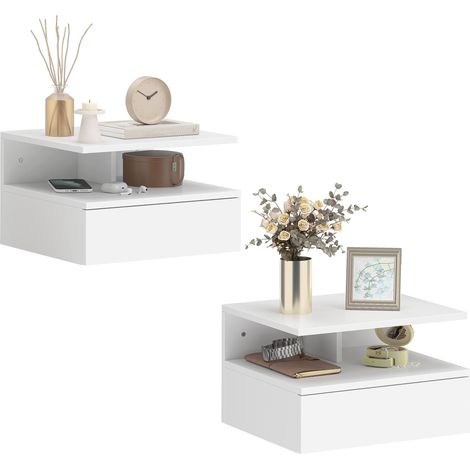 Ensemble de 2 tables de chevet suspendues avec tiroir et étagère ouverte, 35 x 32 x 22,5 cm, blanches (1/5)