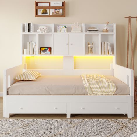 Lit de rangement 90x190 cm Canapé-lit escamotable extensible à 180x190 cm - lit gigogne et prise LED - Blanc - Blanc (1/5)