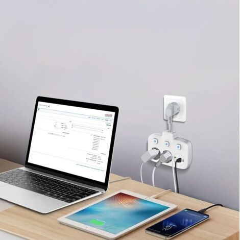 Multiprise à interrupteur unique 2 compartiments, multiprise avec 3 interrupteurs, double fiche murale avec 4 USB, adaptateur de prise avec protection contre les surtensions, sécurité enfant (1/4)