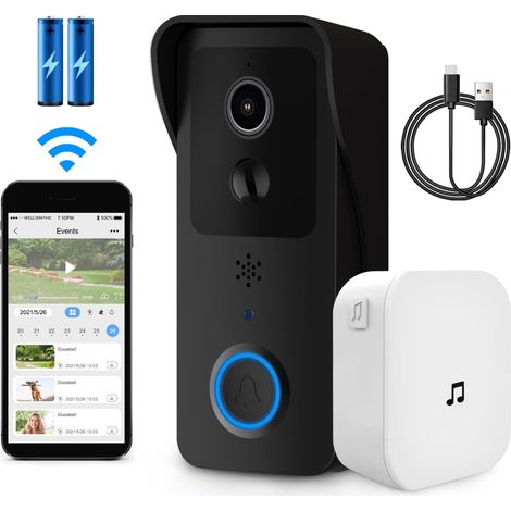 Sonnette vidéo sans fil, caméra de sécurité domestique intelligente WiFi 5G 1080p avec carillon, noire (1/5)