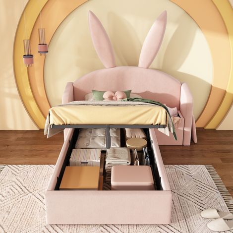 Cama infantil con almacenamiento y mesita rosa OKMYHOME (1/5)