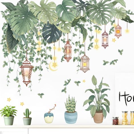 Stickers Muraux Feuilles Tropicales Stickers Muraux Feuille de Palmier Autocollant Mural Plante Verte Tropical avec Suspension Vigne Feuilles Lanternes pour Chambre Salon Décoration (1/5)