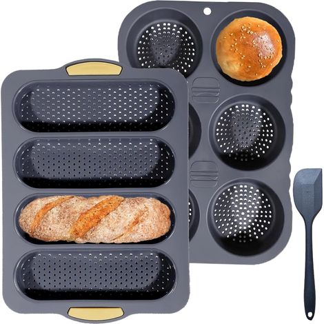 Moule À Hamburger - Moule À Baguette En Silicone Non Adhérent - 4 Canaux Ondulés - 6 Emplacements - Lot De 3 Pièces (1/5)