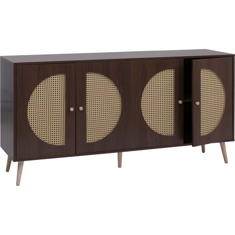 Credenza da 160 cm effetto noce scuro con 4 ante inserti in rattan sintetico stile scandinavo retrò gambe in legno naturale 040008841