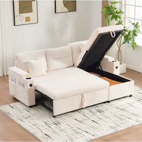 Divano letto a 3 posti 212.5x136x86 cm, con chaise longue idraulica, letto estraibile, tessuto corduroy beige (1/5)