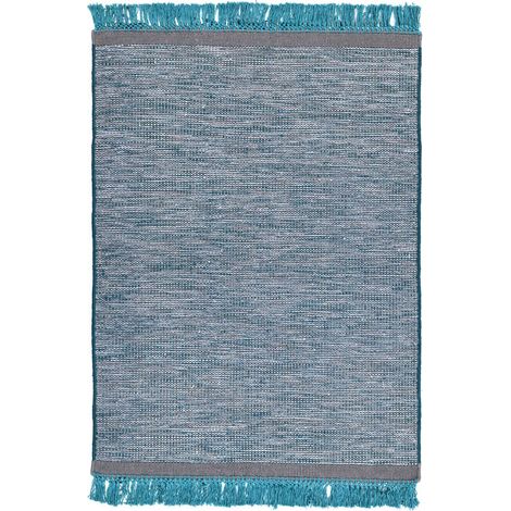 Tapis frangé plat laine coton gris bleu nomade - gris chiné avec accents bleu pétrole (1/4)