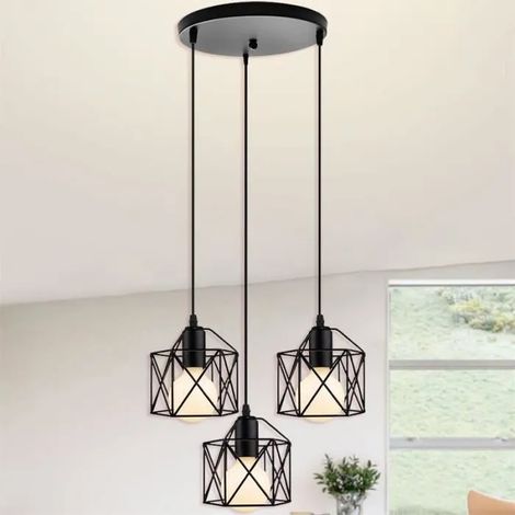 U-Do Lustre Suspension Pendentif Vintage 3 Luminaires Lustre Cage en Fer Noir E27 Lampe Disque décoration pour Salon Escaliers (1/4)