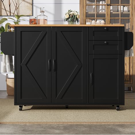 Isla de cocina 120x43.2x92 cm negra en MDF con tablero abatible y ruedas (1/5)