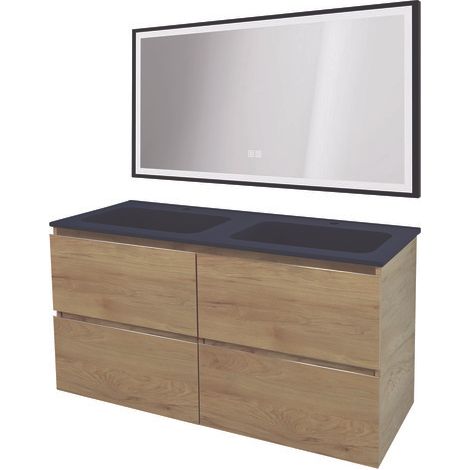 ONDEE ZEN - Meuble salle de bain TRENDY - 120 cm - Bois - 4 Tiroirs - Plan noir + miroir SELENA (1/3)