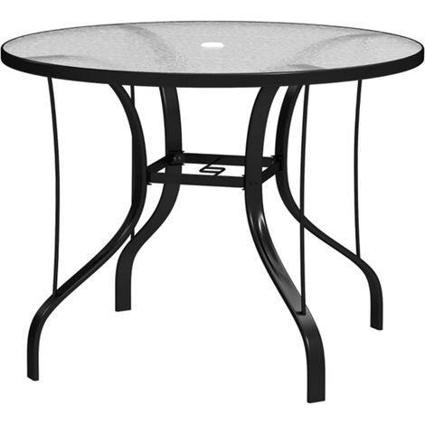 Sturdy Round Outdoor Dining Table for Four with Tempered Glass Top,Elegant Black Metal Frame,Umbrella Hole,Easy Assembly and Cleaning