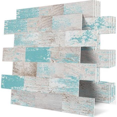 10-Pièces Dalle Plaque PVC Credence Adhesive Carrelage Carreaux Adhesif Mural Cuisine pour Salle de Bain,Bleu (30.5x 30.5cm)-Chrom (1/5)