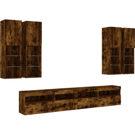 Conjunto de muebles mueble aparador TV televisión salón dormitorio salón pared x 7 piezas y luces LED roble ahumado marrón 020025363
