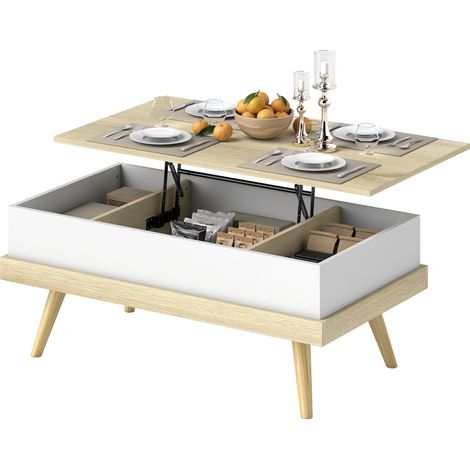 Table basse relevable avec 3 compartiments de rangement dissimulés et pieds en bois 100 x 79 x 54 cm Naturel et blanc (1/5)