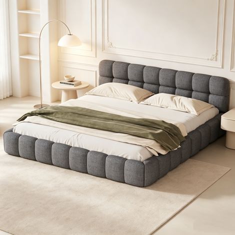 Letto matrimoniale 140x190 cm, letto 140x190 cm con rete a doghe, struttura letto, letto a pavimento, letto imbottito con testiera, biancheria, grigio (1/5)