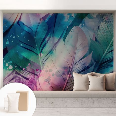 Papier peint intissé mural avec imprimé motifs décoratifs - style contemporain - Colle incluse gratuite Plumes colorées 208x146 cm (1/5)